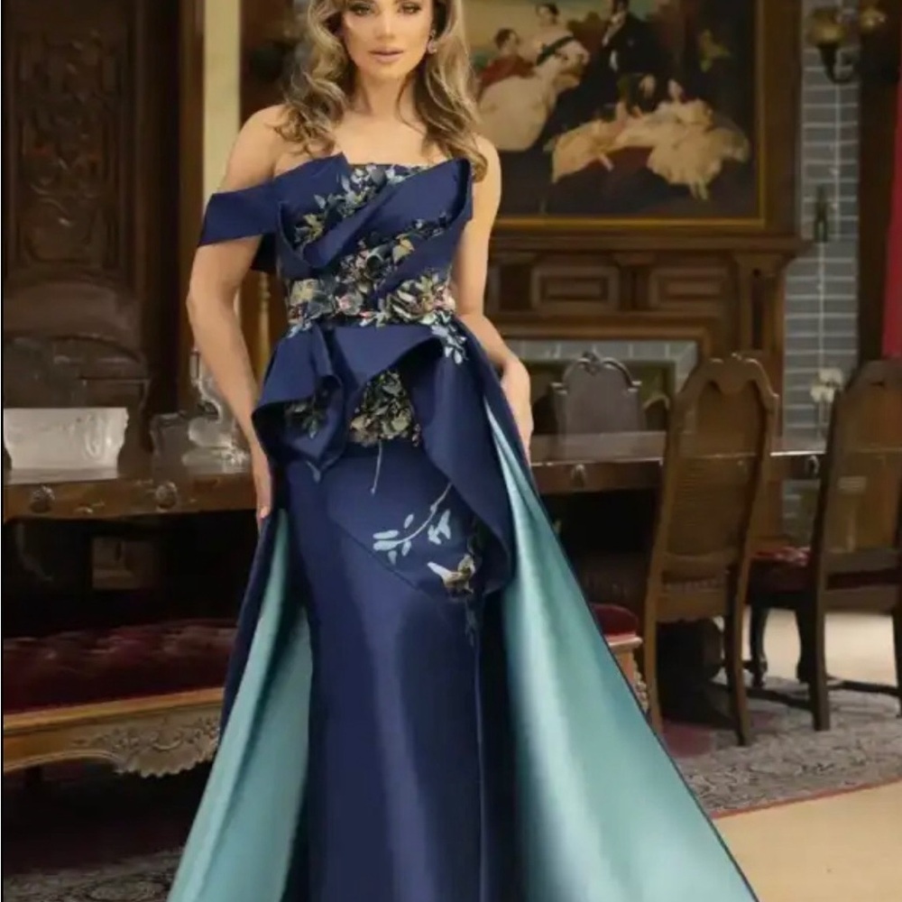 Terani Couture Navy and Teal One Shoulder Dress